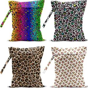 4팩 컬러풀 레인보우 네온 레오파드 젖은 가방 방수 세척 가능 재사용 가능한 드라이 백 수영복 천 기저귀