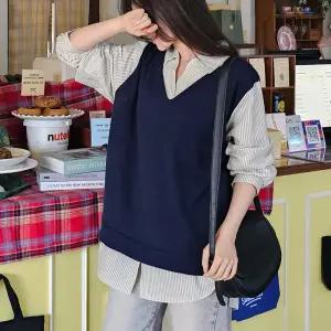 스트라이프 배색 조끼 레이어드 카라 티셔츠 긴팔 여성 빅사이즈