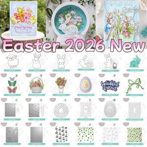 2026년 부활절 새로운 아름다운 친구 달걀 토끼 회전 바구니 꽃다발 리본 잎사귀 금속 커팅 다이 스텐실