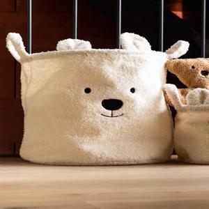 자수 곰 머리 머스타드 양털 캔버스 수납 바구니 장난감 간식 정리함 빨래
