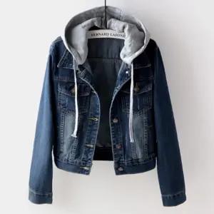 여성 여자 봄 간절기 크롭 슬림핏 후드 탈부착 연청 진 청 데님 자켓 외투 아우터