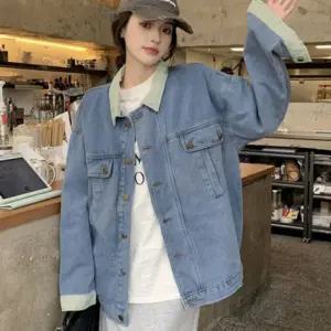 청자켓 여성 여자 봄 간절기 캐주얼 루즈핏 배색 카라 연 청 데님 자켓 아우터