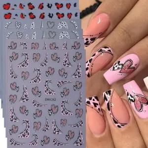 레오파드 하트 네일 스티커 발렌타인 데이 데칼 6PCS 자가 접착 반짝이는 귀여운 곡선 사랑 아트 용품 여성
