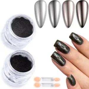 FSpronail 블랙 크롬 네일 파우더 네일용 2PCS 메탈릭 미러 효과 초미세 다크 글리터 문지르기 먼지 크로머