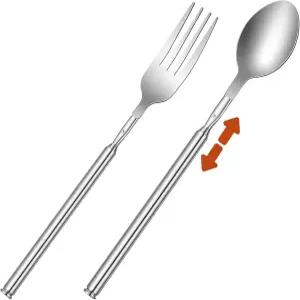 2개 확장 가능한 포크 스푼 세트 스테인리스 스틸 텔레스코픽 BBQ 디너 과일 디저트용 롱 익스펜더블 캠핑