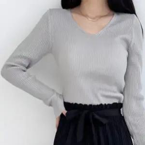 여자 여성 긴팔 니트 티 티셔츠 브이넥 봄 여름 가을 골지 슬림 기본 베이직 데일리 캐주얼 데이트 러블리