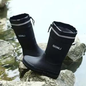 남성 블랙 작업 끈조절가능 방수 레인부츠 미들 장화 WFFNNZ0