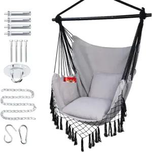피르니 해먹 의자 걸이 로프 스윙 최대 450파운드 포켓이 있는 대형 쿠션 2개 탈착식 스틸 바 하드웨어