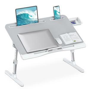 침대용 HETTHI 노트북 책상, 가죽 데스크가 있는 조절 가능한 침대 테이블, 소파 바닥용 서랍이 접이식 X-대형 트레이 작업용 독서 그림 (회색, 23.6