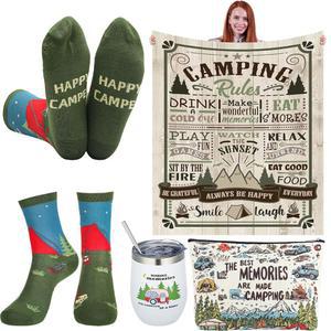 파텔라이 4종 크리스마스 캠핑 선물 세트 - 행복한 캠핑카 야외, 피크닉, 하이킹, RV 여행, 액세서리를 위한 텀블러, 던지기 담요, 양말, 세면도구 가방 포함