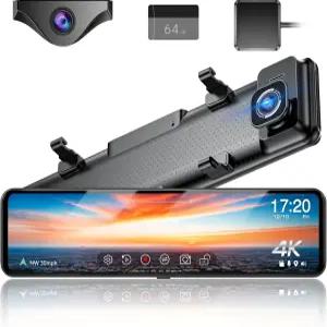 12인치 4K UHD 미러 블랙박스 전후면 줌 백업 카메라 2160P 듀얼 리어 뷰 64GB 카드 포함 GPS WDR 슈퍼