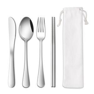 파우치가 포함된 DEHOV 여행 도구 세트 재사용 가능한 휴대용 캠핑 실버웨어 세트 피크닉용 나이프 스푼 포크 젓가락