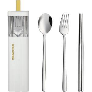케이스가 포함된 데비코 여행 도구 도시락용 스테인리스 스틸 재사용 캠핑 실버웨어 세트 포크 숟가락 젓가락 흰색