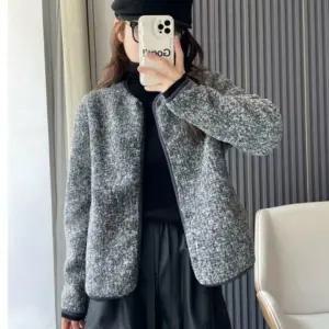 패션스타일 포근한 가디건 라운드 여성용 트위드 고급스러운 로슈 노카라 후리스 자켓