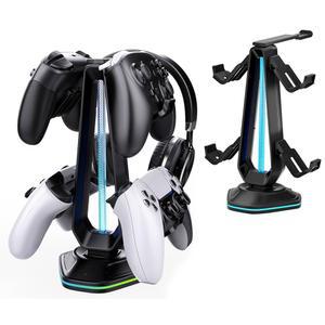 9가지 라이트 모드와 2개의 USB 충전 포트가 있는 오리티쿠르 RGB 헤드셋 스탠드 - 책상용 컨트롤러 홀더 헤드폰 및 PC 이어폰 게이밍 룸 설정 액세서리용 탈착식 후크