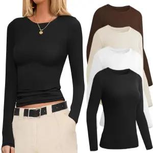 Ekouaer 4팩 여성용 긴팔 베이직 셔츠 핏 운동 상의 운동용 언더스트럽 언더셔츠 XS-XXL