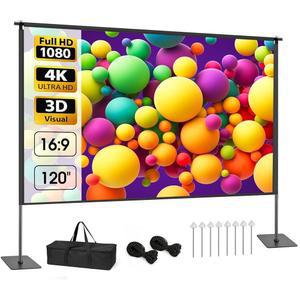 스탠드가 있는 야외 프로젝터 화면, 120인치 휴대용 프로젝션 키트, 16:9 4K HD 주름 없는 실내 영화 홈 시어터 및 뒷마당 영화의 밤을 위한 캐리백 포함