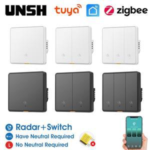 Tuya ZigBee 3.0 6M 레이더 인간 모션 감지 알람 센서가있는 스마트 라이트 스위치 중립 와이어 없음/필요