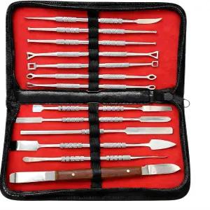 Zyrev 13피스 스테인리스 스틸 이중 끝 점토 조각 및 도구 세트 가죽 케이스(실버)