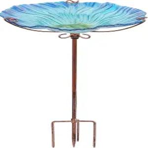 금속 말뚝 정원 야외 블루가 있는 맘탑 26인치 높이 유리 조류 목욕 사육기