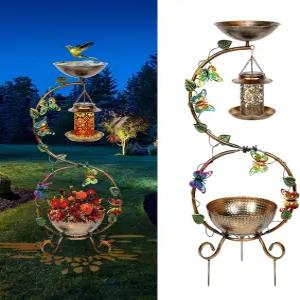 3 in 1 야외용 새 목욕 및 태양광 모이통과 꽃 화분 받침대 결합 38인치 금속 헤비 듀티 정원 잔디 장식용