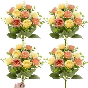 턴메온 40 헤드 야외용 가짜 장미 인조 꽃 4 꽃다발 UV 저항 결혼식 홈 묘지 여름 장식용 실크 (샴페인)