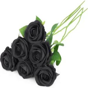 레투오클립스 6pcs 가짜 장미 인조 꽃 결혼식 장식용 줄기가 달린 신부 꽃다발 검은색 발렌타인데이 웨딩