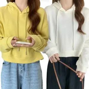 여자 가을 봄 크롭후드티 오버핏 라운드넥 세미 크롭티 긴팔티 후드티셔츠