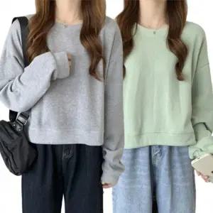 여자 가을 봄 오버핏 라운드넥 세미 크롭맨투맨 크롭티 긴팔티