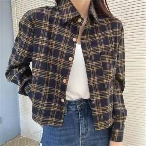 루즈핏 세미크롭 체크셔츠 긴팔 숏기장 여성남방 봄가을