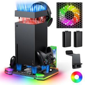 11가지 라이트 모드, 액세서리 컨트롤러 무선 충전 도크, 2*1400mAh 충전식 배터리, 헤드셋 스탠드 및 게임 디스크 스토리지가 포함된 Xbox Series X 콘솔용 최고의 자동 냉각