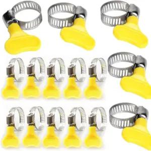 NOQUKA 15팩 스테인리스 스틸 호스 클램프(노란색) 조절 가능한 엄지 나사 키 스타일 웜 기어 클램프 연료