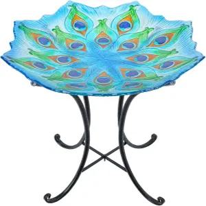 야외 마당 정원 장식용 금속 스탠드가 있는 맘탑 유리 조류 목욕 18인치 직경의 야외용 피콕 그릇