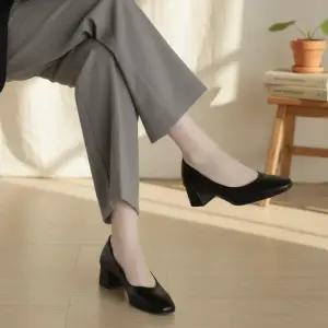 여성 가죽 사각토 미들힐 펌프스 빅사이즈