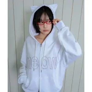 ITZAVIBE MEOW CAT EAR HOODIE ZIP UP - WHITE