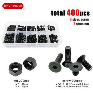 400pcs M2 M3 10 크기 알렌 육각형 소켓 플랫 카운터 싱크 헤드 나사 볼트 너트 세트 구색 키트 상자 등급