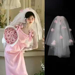 꽃 웨딩 2단 베일 리본 장갑 세트 브라이덜 촬영용 소품