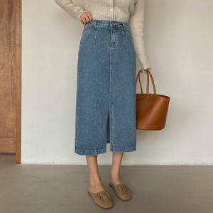 [시크릿라벨] 코튼앞트임뒷밴딩데님롱스커트