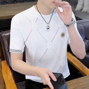 반팔 니트 티 자수 티셔츠 남성 여름 트렌디 얇은 흰색 탑 하이 엔드 아이스 실크 라운드 넥 바닥 셔츠