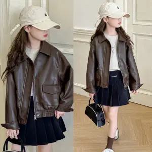 [삐삐네옷가게]여아용 키즈 멋쟁이 브라운 레더 자켓