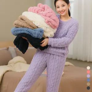 겨울 극세사 수면 잠옷 세트 기모 밍크 후리스 홈웨어 여성 남자 커플 파자마 긴팔 뽀글이 보온 털 실내복