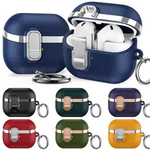 갤럭시 버즈3 프로 FE 호환 가죽패턴 도금 락 잠금 버튼 메탈 카라비너 키링 케이스