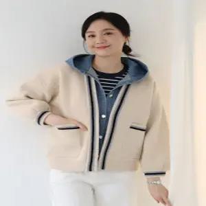 [웬디즈갤러리]데님 후드 니트 점퍼  여성 배색 가디건 UJP102