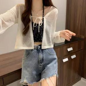 여자 RU48DY53 얇은 망사 크롭가디건 끈 숏가디건 비치 가디건