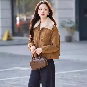 여자 패딩다운 점퍼 빈티지 터틀넥 스웨이드 숏 패딩 가을 겨울 도톰 보온 코트 힛템