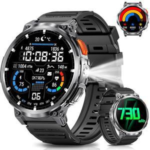 손전등이 달린 남성용 PODOEIL 1.85인치 대형 스크린 밀리터리 스마트 워치, 730mAh 대용량 배터리, IP68 방수, 블루투스 통화, 114가지 스포츠 모드, 심박수/수면 모니터 iOS Android용
