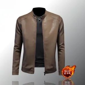 호환 고급 남성 PU 가죽 재킷 가을 겨울 신상 플리스 안감 두꺼운 슬림핏 숏 스탠드 받침대 칼라 재킷