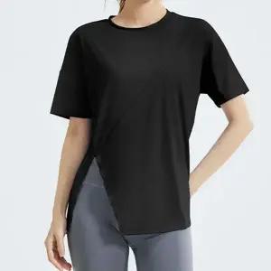 여성 필라테스복 상의 루즈핏 스포츠 반팔 여성 요가복 상의 슬릿 폴리에스테르 흡한속건 피트니스