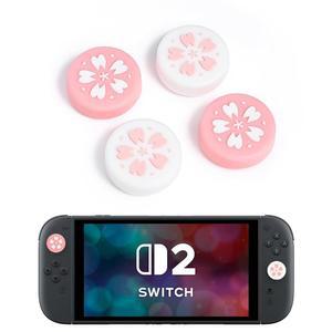 DLSEEGO 닌텐도 스위치 2 2025용으로 설계된 미끄럼 캡 사쿠라 - 버튼 커버 조이콘 커버, 아날로그 그립 벚꽃 4개, 보호 핑크 엄지 부드러운 컨트롤러 방지 실리콘 조이스틱