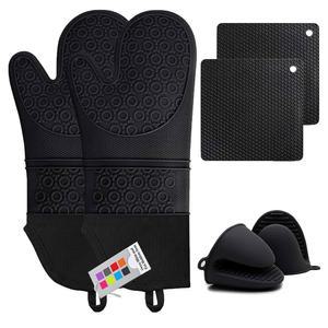 실리콘 오븐 장갑 및 냄비 홀더 세트, 핫 패드가 있는 MTZRFLL 초장기 내열 주방 베이킹 요리용 미니 부드러운 퀼팅 안감, 6개 팩(블랙)